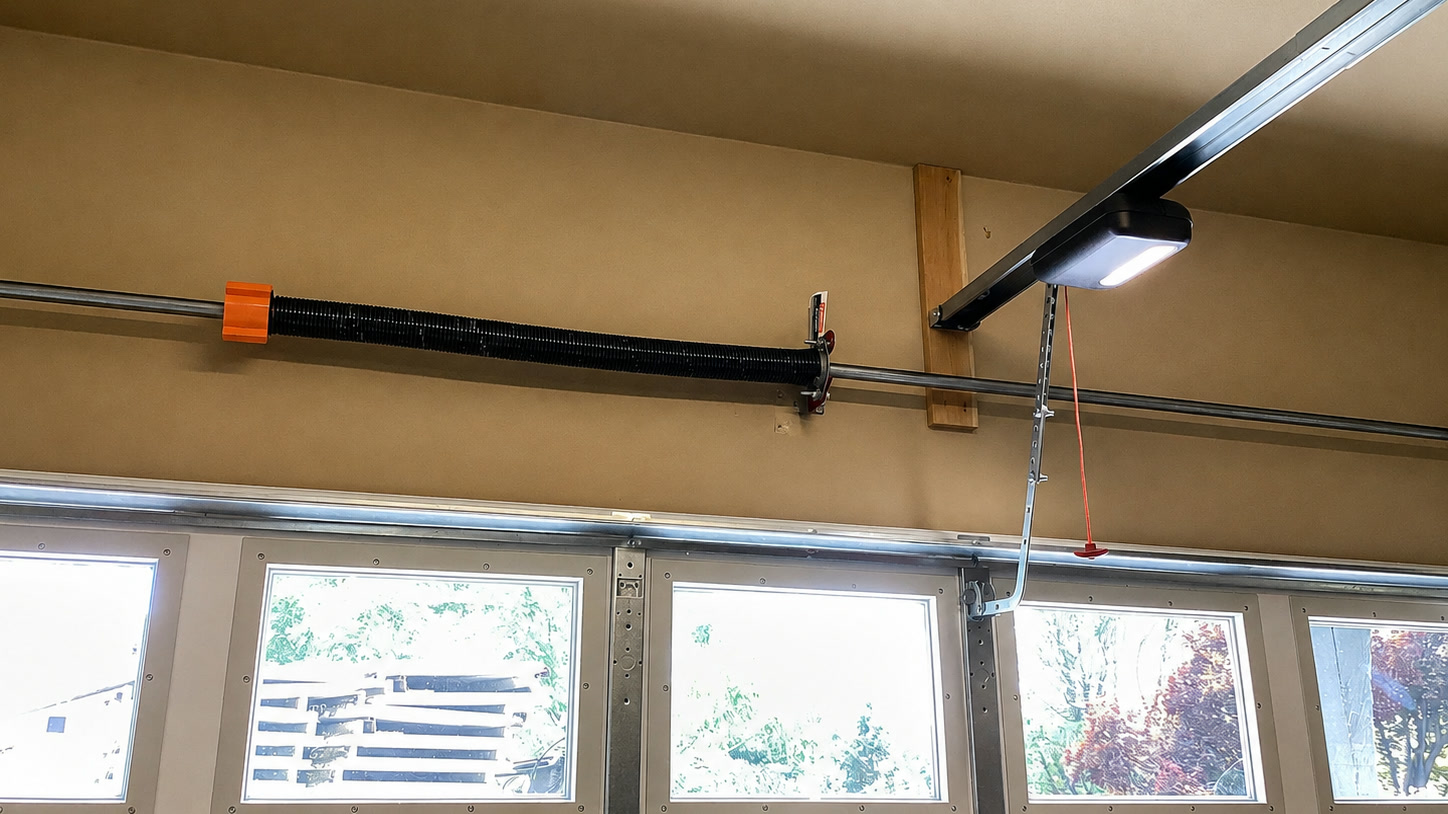 A torsion spring on the shaft above a residential garage door, with the opener and the red emergency release cord, daylight coming through the door windows