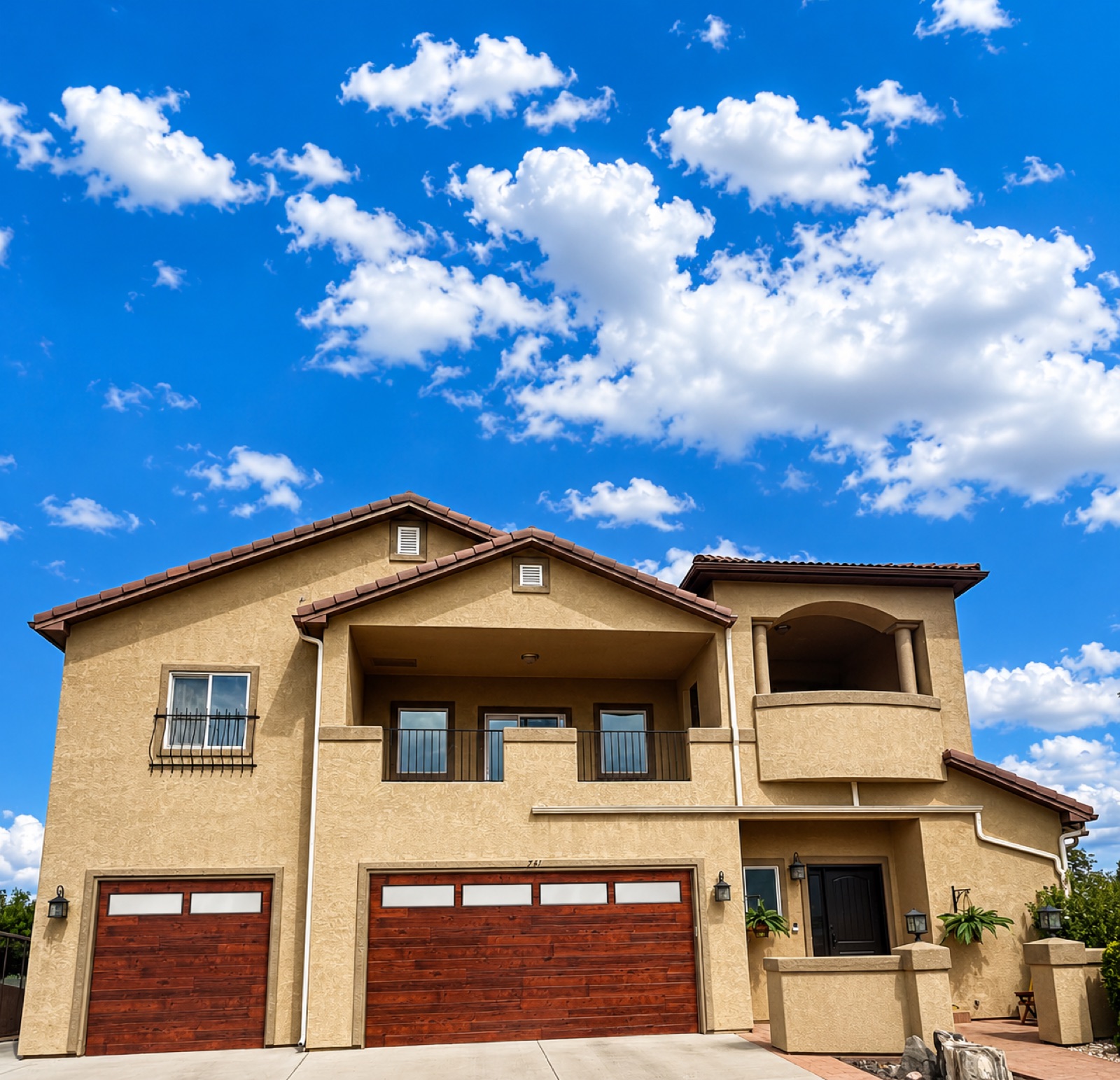 Stained-wood garage doors on a two-story Mediterranean-style stucco home
